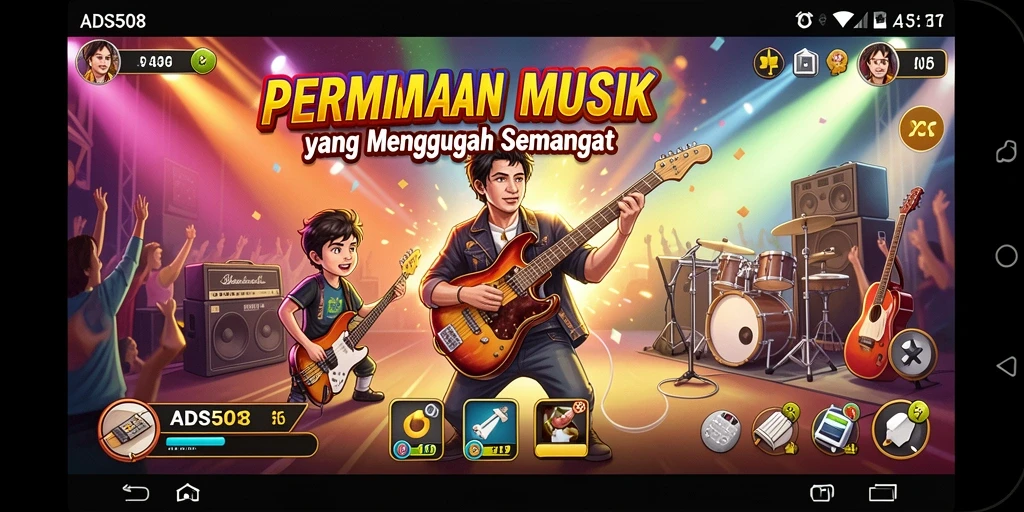 Gameplay ADS508 dengan lagu-lagu dan tantangan menarik.