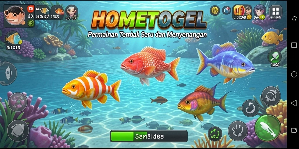 Tampilan gameplay seru dalam HOMETOGEL yang menembak ikan.