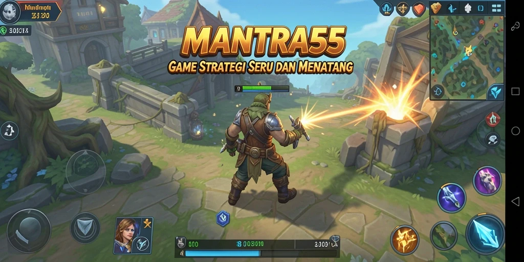 Screen utama MANTRA55 menampilkan karakter dan pertempuran strategis yang memukau.