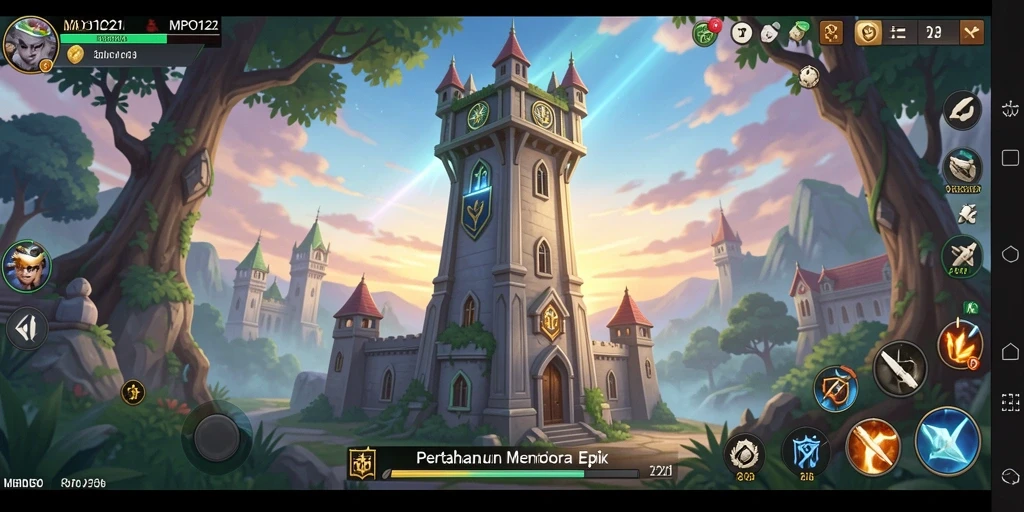Screenshot MPO1221 menunjukkan menara bertahan melawan gelombang musuh.