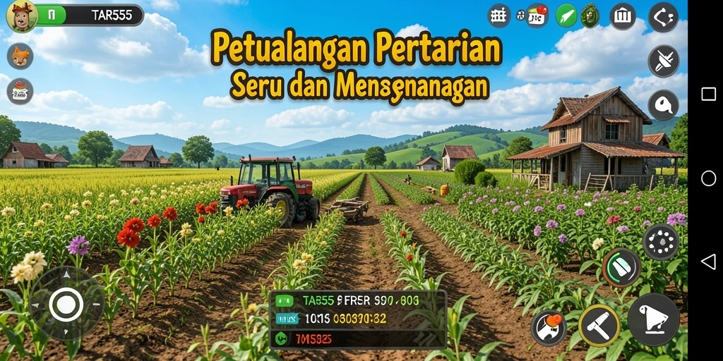 Screenshot gameplay TAR555 menampilkan keindahan kebun yang penuh warna.